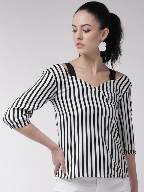 Women White & Black Striped Wrap Top