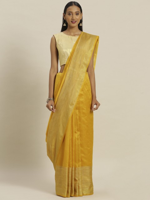 

Satrani Mustard Yellow Solid Poly Silk Saree