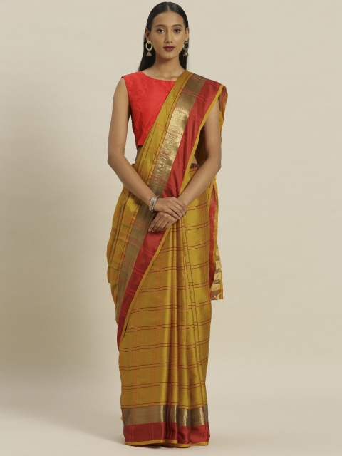 

KALINI Mustard Yellow & Red Poly Silk Checked Saree