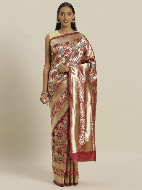 

Satrani Red & Gold-Coloured Poly Silk Woven Design Saree