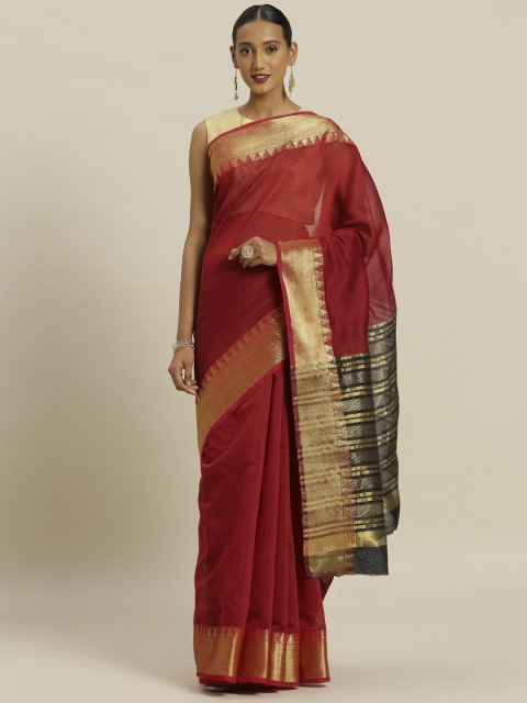 

Satrani Maroon Silk Cotton Solid Maheshwari Saree