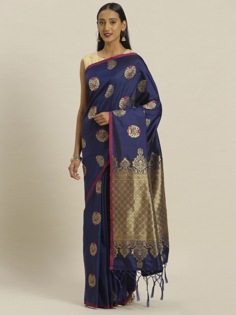 

Satrani Navy Blue & Golden Poly Silk Woven Design Banarasi Saree