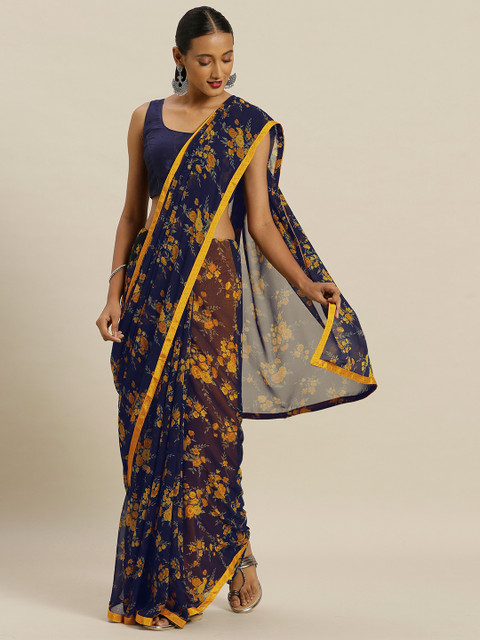 

Satrani Navy Blue & Mustard Yellow Poly Chiffon Printed Saree