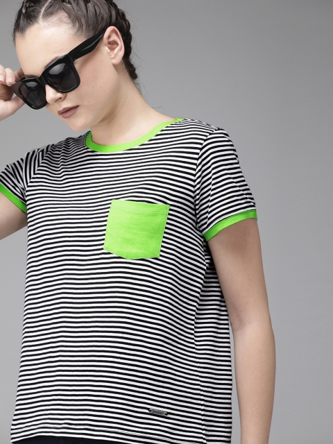

Roadster Women White & Black Regular Fit Striped Round Neck T-shirt