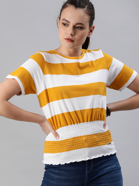 

Roadster Women White & Mustard Yellow Striped Cinched Waist Top