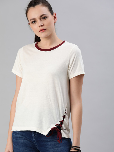 

Roadster Women Off-White Solid Round Neck T-shirt