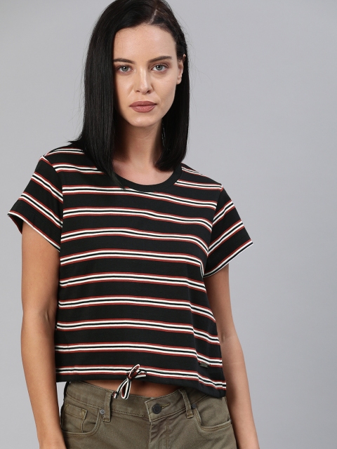 

Roadster Women Black & White Striped Round Neck Crop T-shirt with Tie-up Detail