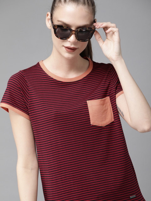

The Roadster Lifestyle Co Women Maroon Black Striped Regular Fit Round Neck Pure Cotton T-shirt
