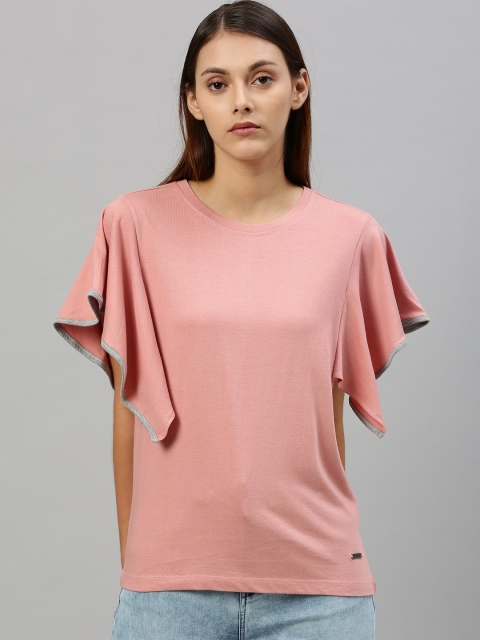 

Roadster Women Pink Solid Top With Flutter Sleeves