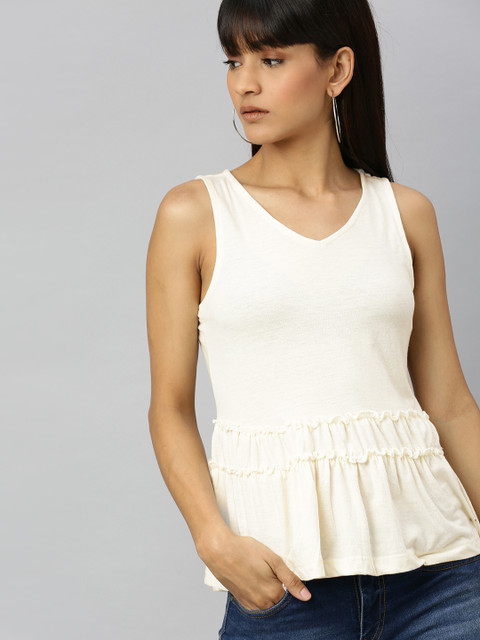 

Roadster Women Off-White Solid Regular Top with Gathered Detail