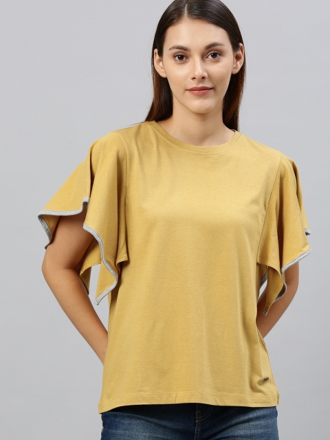 

Roadster Women Mustard Yellow Solid Top With Flutter Sleeves