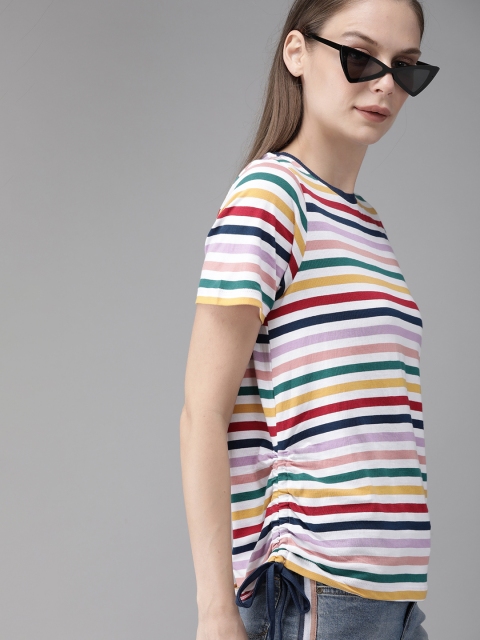 

Roadster Women Multicoloured Striped Round Neck T-shirt With Ruching Detail, Multi