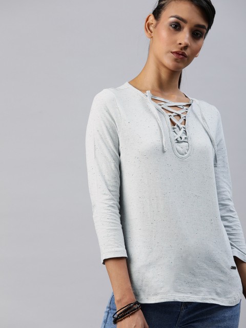 

Roadster Women Grey Solid Pure Cotton Top with Tie-Up Neck