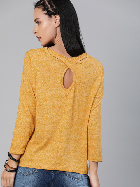 

Roadster Women Mustard Yellow Melange Solid Round Neck Back Detailed T-shirt