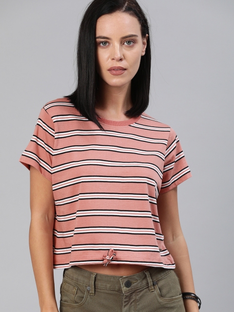 

Roadster Women Pink & Black Striped Round Neck Crop T-shirt with Tie-up Detail