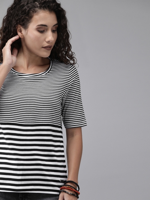 

Roadster Women White & Black Striped Round Neck T-shirt