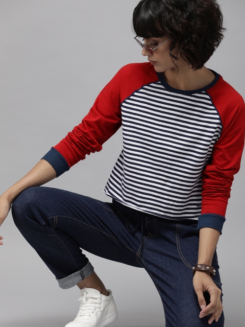 

Roadster Women Navy Blue White Yarn Dyed Striped Round Neck Cropped Pure Cotton T-shirt