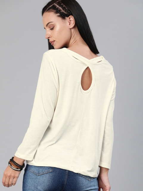 

Roadster Women Off-White Solid Round Neck T-shirt with Styled Back Detail