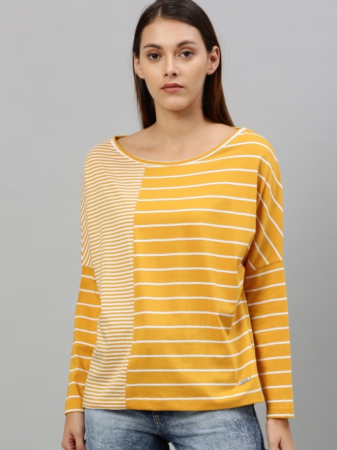 

Roadster Women Yellow & White Striped Round Neck T-shirt