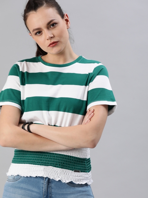

Roadster Women White & Green Striped Cinched Waist Top