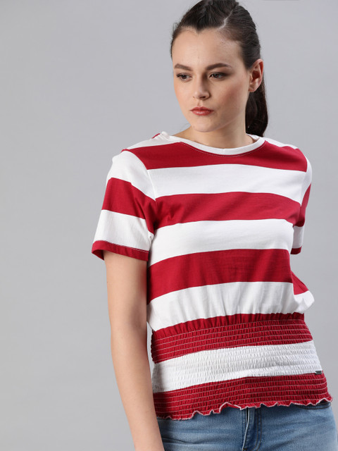 

Roadster Women Maroon Striped Cinched Waist Top