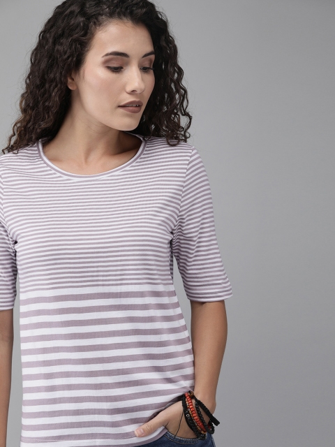 

Roadster Women White & Purple Striped Round Neck T-shirt