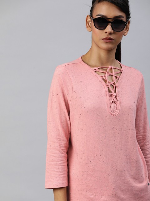 

The Roadster Lifestyle Co Women Pink Solid Top with Tie-Up Neck
