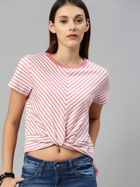 

Roadster Women White & Pink Striped Round Neck Yarn Dyed Cotton T-shirt with Twisted Hem