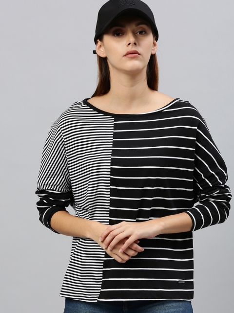 

The Roadster Lifestyle Co Women Black White Striped Round Neck Pure Cotton T-shirt