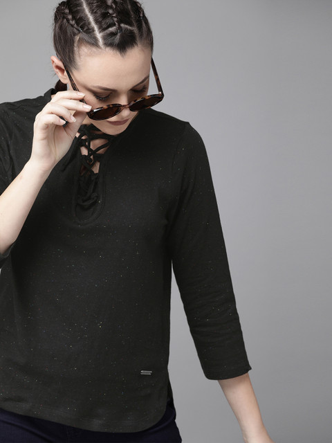 

Roadster Women Black Solid Top with Tie-Up Neck