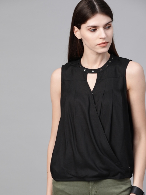 

The Roadster Lifestyle Co Women Black Solid Wrap Sustainable Top