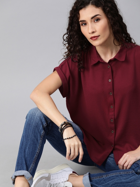 

The Roadster Lifestyle Co Women Maroon Boxy Fit Solid Casual Shirt