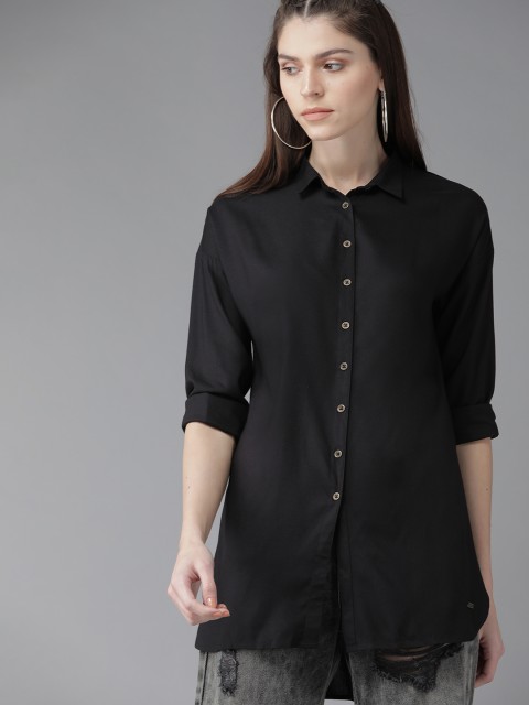 

Roadster Women Black Regular Fit Solid Longline Casual Shirt