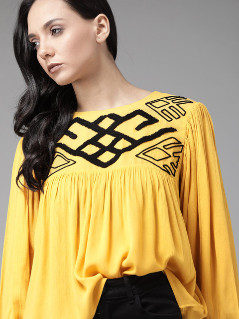 

Roadster Greenturn Women Mustard Yellow & Black Embroidered A-Line Sustainable Top
