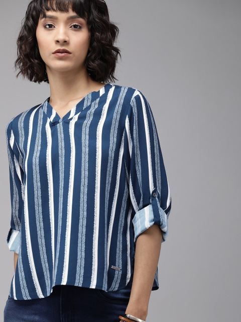

The Roadster Lifestyle Co Women Navy Blue & White Striped Regular Top