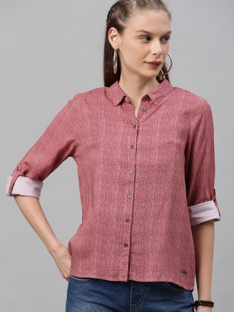 

Roadster Women Maroon & Pink Regular Fit striped Casual Sustainable ECOVERO Shirt