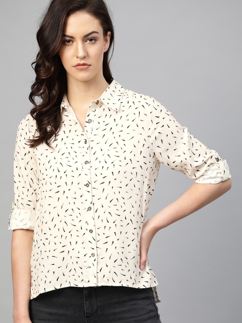 

The Roadster Lifestyle Co Women Cream-Coloured & Black Regular Fit Printed Casual High-Low Sustainable Shirt