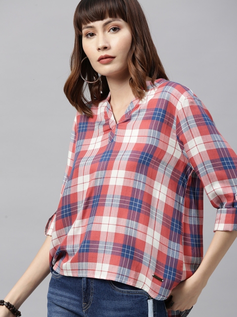 

The Roadster Lifestyle Co Sustainable ECOVERO Women Red & Blue Checked Antiviral Protective Finish Shirt Style Top