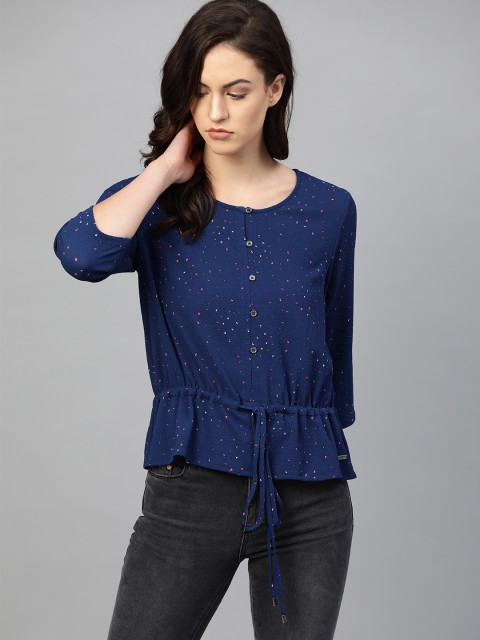 

The Roadster Lifestyle Co Women Blue Printed Cinched Waist Top