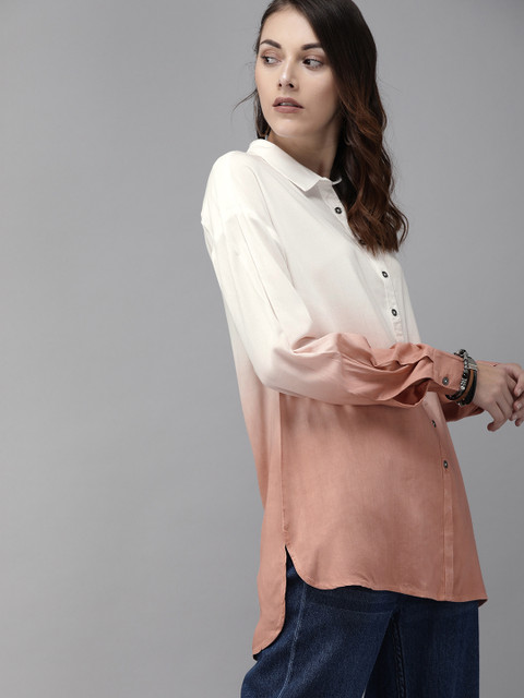 

The Roadster Lifestyle Co Women White & Pink Regular Fit Dyed Colourblocked Casual Sustainable ECOVERO Shirt