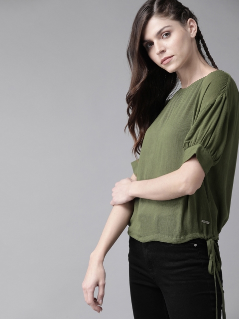 

The Roadster Lifestyle Co Women Olive Green Solid Blouson Sustainable Top