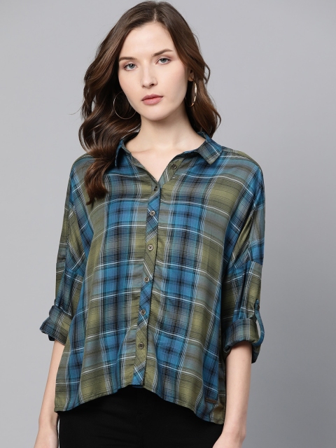 

The Roadster Lifestyle Co Women Olive Green & Blue Boxy Checked Casual Sustainable Shirt