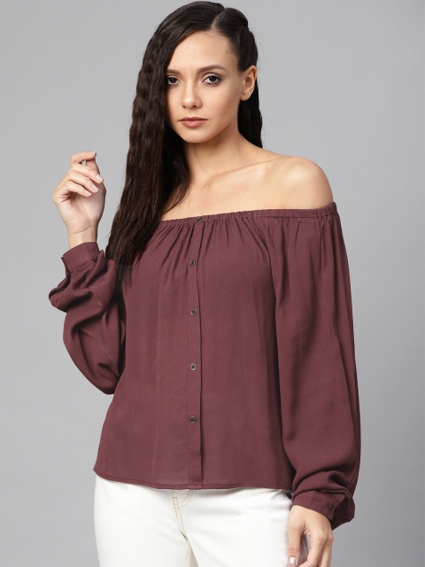

The Roadster Lifestyle Co Women Burgundy Solid Bardot Sustainable Top