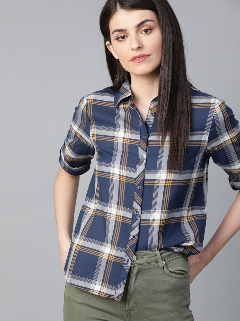 

The Roadster Lifestyle Co Women Navy Blue & Off-White Regular Fit Checked Casual Shirt