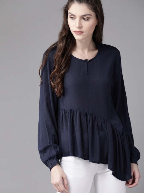 

Roadster Women Navy Blue Solid A-Line Sustainable Top