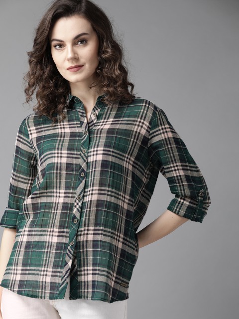 

The Roadster Lifestyle Co Women Green & Beige Regular Fit Checked Casual High-Low Shirt