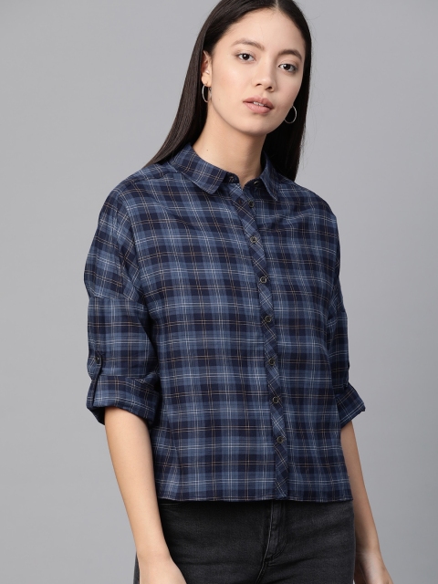 

The Roadster Lifestyle Co Women Navy Blue Regular Fit Checked High-Low Casual Sustainable Shirt