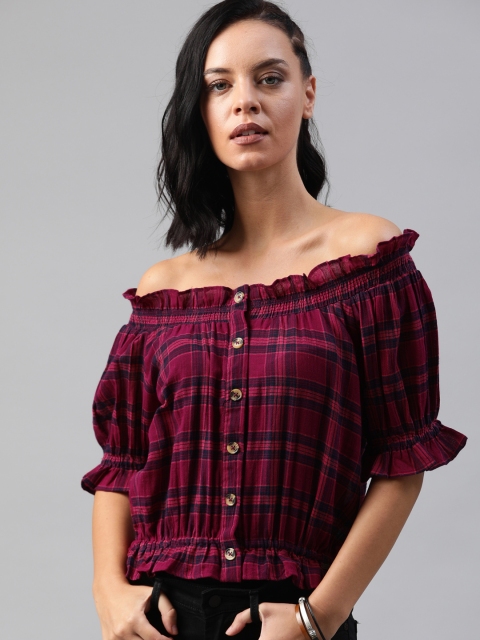 

The Roadster Lifestyle Co Women Magenta Pink & Navy Blue Checked Bardot Top