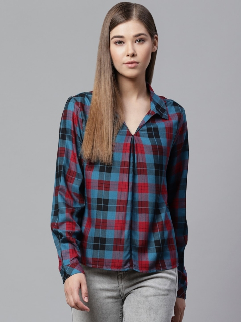 

The Roadster Lifestyle Co Women Teal Blue & Red Checked Sustainable Top