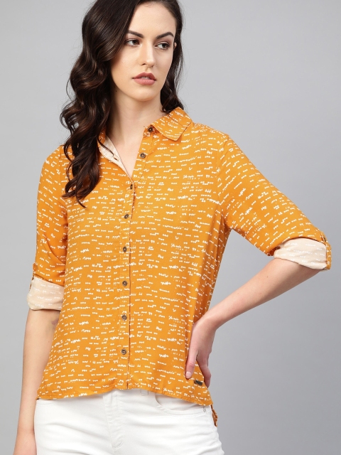 

Roadster Women Mustard Yellow & White Regular Fit Printed Casual Sustainable Shirt